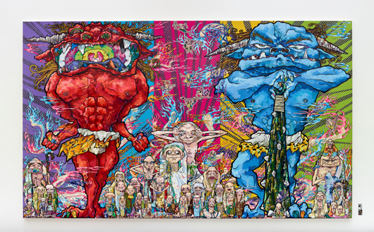 Takashi Murakami, ‘Red Demon and Blue Demon with 48 Arhats,’ 2013, Acrylic, gold and platinum leaf on canvas mounted on board, 3 x 5 meters. Courtesy Blum & Poe, Los Angeles, ©2013 Takashi Murakami/Kaikai Kiki Co., Ltd. All Rights Reserved.