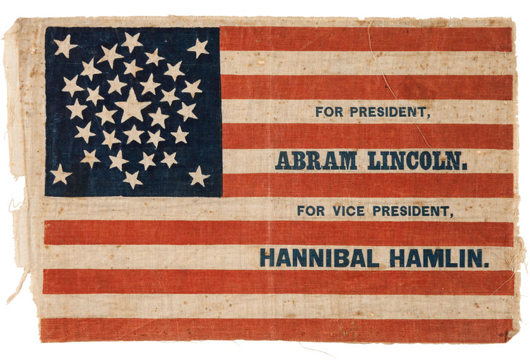 This 1860 campaign flag for Abraham Lincoln and his running mate Hannibal Hamlin brought $20,000. Heritage Auctions image.