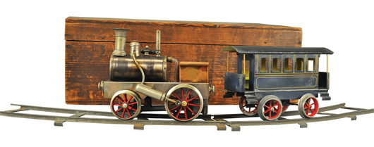 Schoenner gauge IV steam locomotive and tender, German, boxed set, est. $3,000-$4,000. Bertoia Auctions image