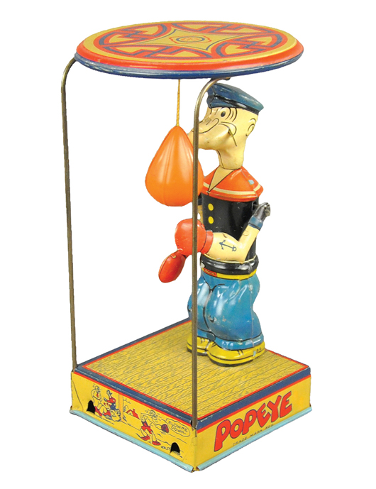 Chein Popeye Overhead Puncher, circa 1930s, lithographed tin with celluloid punching bag, est. $800-$1,000. Bertoia Auctions image
