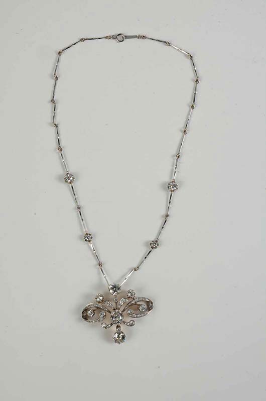 18K white gold and platinum diamond necklace, circa 1890s, with three major mine-cut diamonds and 51 additional graduated, old mine-cut diamonds. Est. $30,000-$40,000. Morphy Auctions image