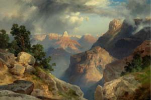 Thomas Moran (born England), 1837–1926. 'Grand Canyon,' dated 1912, oil on pressboard, 15 7/8 × 23 7/8 inches (40.3 × 60.6 cm). Bequest of Katherine Harvey. Image courtesy of the Nelson-Atkins Museum of Art.