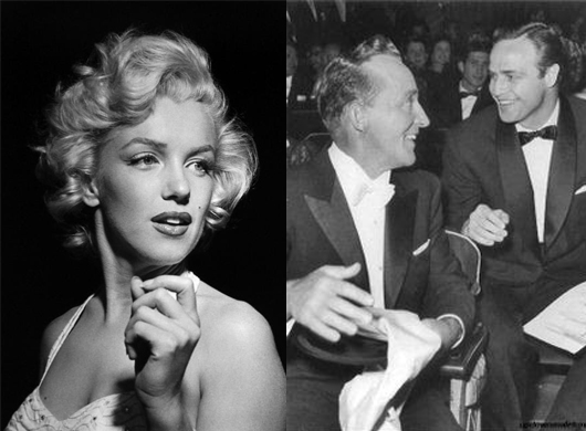 (Left) Marilyn Monroe. (Right) Bing Crosby and Marlon Brando hit it off at the the 1954 Academy Awards. Photographer Murray Garrett, who introduced them, captured the moment on film. Images courtesy of Robert Berman Gallery.