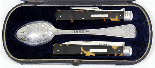 A Victorian silver and tortoiseshell handled folding fruit knife and fork by Thomas Marples, Sheffield 1886. The spoon is by James & Josiah Williams, (Exeter, 1865). Sold for £380. Photo: The Canterbury Auction Galleries