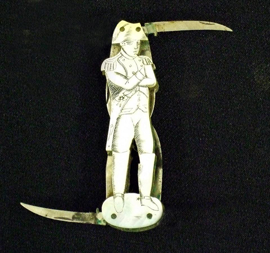 An unusual steel and mother of pearl penknife, the case scratch-engraved with a figure of Napoleon. Photo: private collection