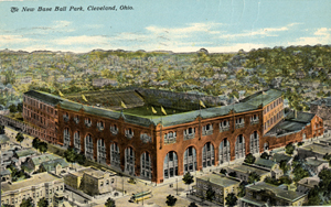 An early 1900s postcard pictures Cleveland's League Park. Only the building on the far right and a wall survived demolition in the early 1950s. Image courtesy of Wikimedia Commons.