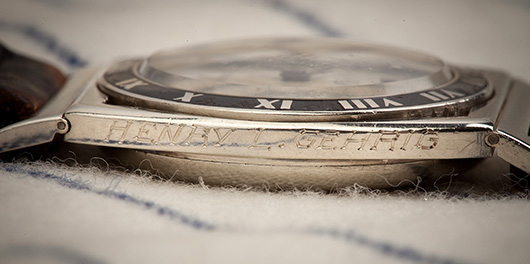 Lou Gehrig's name is engraved on the side of the watch, which sold for $340,000 on Sunday. SCP Auctions image.