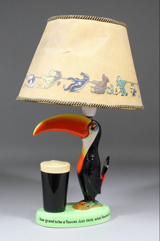 A Carltonware pottery ‘Guinness’ toucan advertising table lamp. The inscription around the base reads: ‘How Grand to be a Toucan, Just think what Toucan can do if he can say as you can Guinness is Good for You.’ The zoo figures lampshade is also original. It sold for £170. Photo: The Canterbury Auction Galleries.