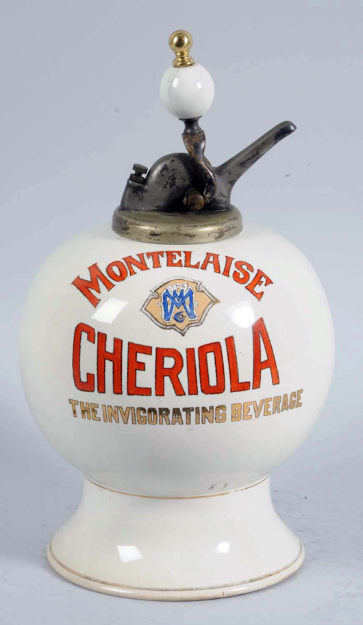 Circa-1918 Montelaise Cheriola ceramic syrup dispenser, $46,800. Morphy Auctions image