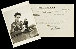 A photo of British novelist and essayist George Orwell and a signed, typed letter. Image courtesy of LiveAuctioneers.com Archive and PBA Galleries.