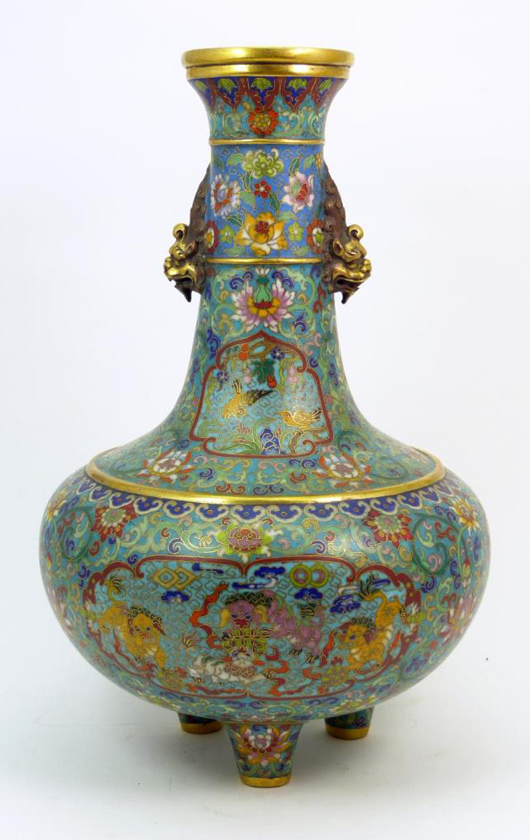 Antique Chinese bronze cloisonné footed vase with lion's head handles, 14 inches tall (est. $25,000-$35,000). Elite Decorative Arts image.