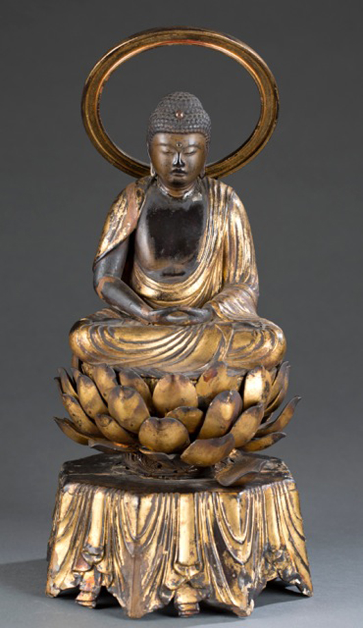 19th-century Japanese Buddha made of carved and gilded wood, 16¼ inches tall. Est. $500-$700. Quinn’s Auction Gallery image.