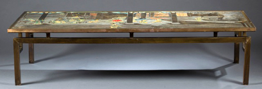 Phillip & Kelvin Laverne ‘Chin Ting’ pewter and bronze table with leisure scenes. Est. $5,000-$7,000. Quinn’s Auction Gallery image.
