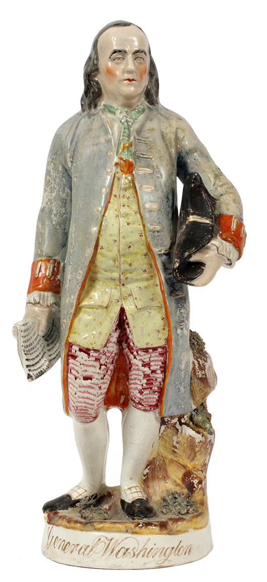 This Staffordshire figure of Benjamin Franklin was incorrectly labeled ‘General Washington’ when it was made in the 1820s. It sold recently for $338 at DuMouchelles auction in Detroit.