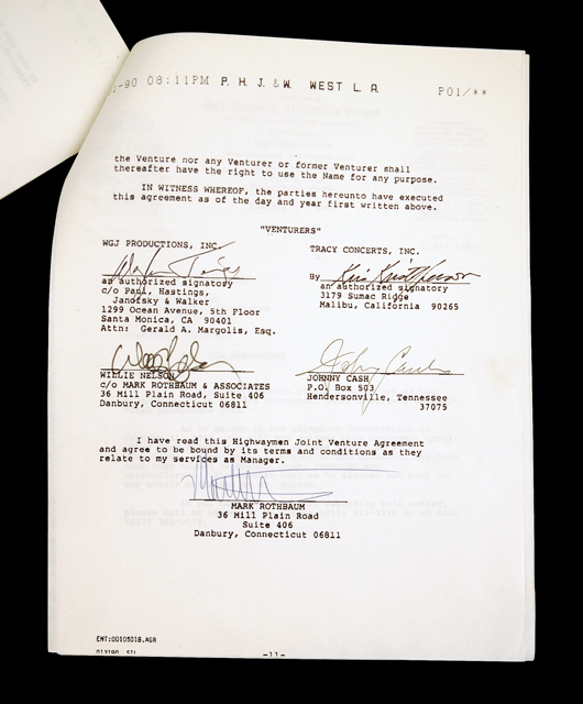 Original Contract forming the country supergroup the Highwaymen, signed by Waylon Jennings, Johnny Cash, Willie Nelson and Kris Kristofferson. Estimate: $80,000-$100,000. Guernsey’s image.