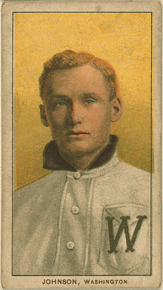 Walter Johnson on a 1909–1911 American Tobacco Company baseball card (White Borders, T206). Image courtesy of Wikimedia Commons.