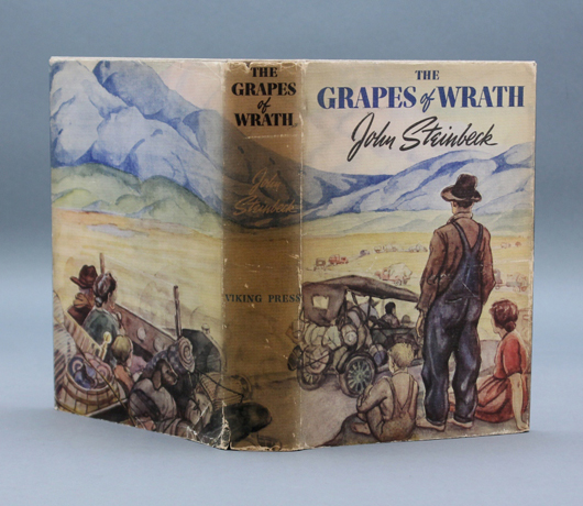 Copy of John Steinbeck's classic novel ‘The Grapes of Wrath’ (Viking Press, N.Y., 1939), with card signed in blue ink by the author. Est. $1,500-$2,500. Wavery Rare Books image.