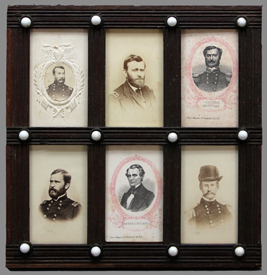 Six Civil War cartes de visite images of Union and Confederate figures, including Ulysses S. Grant and Jefferson Davis, in a tramp art frame. Est.: $400-$600. Waverly Rare Books image.