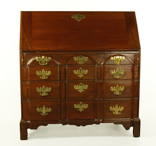 Block front Chippendale Governor Winthrop desk, 18th century, mahogany with fancy interior, with provenance to the Winthrop family. Estimate: $6,900. Kaminski Auctions image.