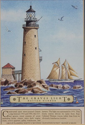 An artist's rendition of Graves Light in Boston Harbor. Image courtesy of LiveAuctioneers.com Archive and Kaminski Auctions.