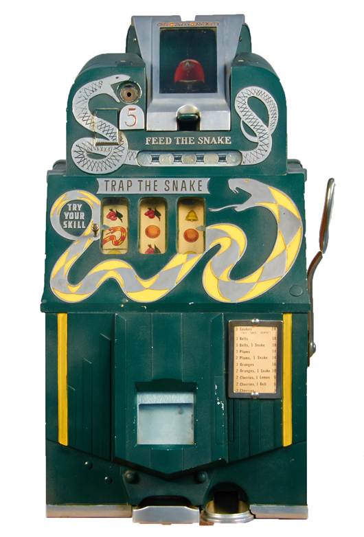 Fully operational 5-cent Mills/Hoke ‘Trap the Snake’ three-reel bell slot machine, 1939, in original condition. Victorian Casino Antiques image.