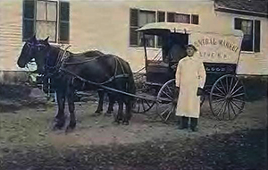 Horses have played a significant role throughout the history of Lyme, New Hampshire, which was located on a stagecoach route that ran from Boston to Montreal. This circa-1910 photo depicts a horse-drawn delivery wagon for Central Market in Lyme.