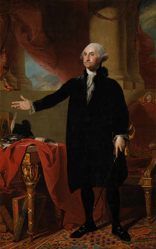 Gilbert Stuart (American, 1755-1828), 'Lansdowne' portrait of George Washington, 1796, Collection of the National Portrait Gallery, Washington, DC. Image from Google Art Project, Google Cultural Institute. Licensed under public domain via Wikimedia Commons