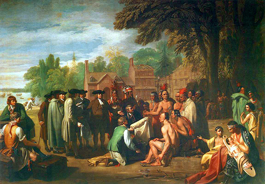 The Lenape, a Native American tribe and First Nations people, were indigenous to Pennsylvania and the MidAtlantic region. This 1771 Benjamin West painting depicts William Penn's 1682 treaty with the Lenape. The painting is in the collection of The Pennsylvania Academy of Fine Arts.