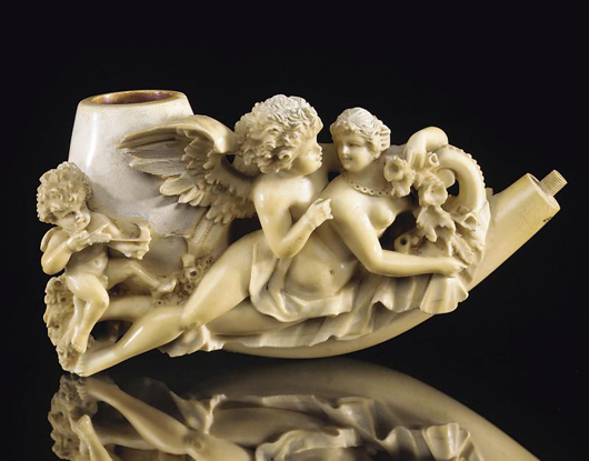A fine meerschaum pipe bowl dating from 1880 and modeled with Cupid seducing a reclining nude. It’s worth £500-800. Photo: Christie’s Images