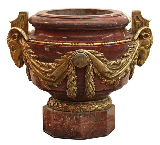 One of a pair of monumental French marble and ormolu mounted urns attributed to Henry Dasson (1825-1896) will be offered for $30,000 to $50,000. Clars image
