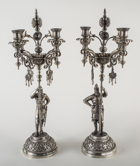 Pair of Russian silver candelabra, 19th century, imperial warrant, marked 84, Moscow. Estimate: $20,000-$25,000. Capo Auction image.