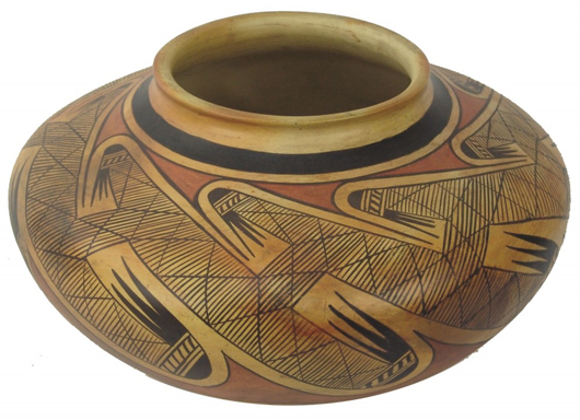 Low-profile Hopi polychrome pottery jar by Fannie Nampeyo, done in her famous ‘migration’ pattern. Price realized: $4,888. Allard Auctions Inc. image.