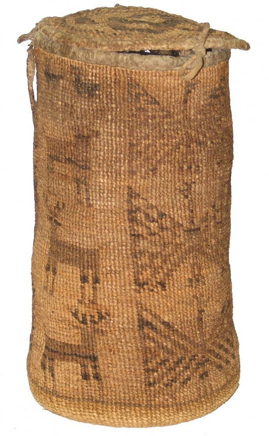 Wasco tall lidded, soft weave Sally bag, loaded with traditional figures such as condors, deer and sturgeon. Price realized: $4,312. Allard Auctions Inc. image.