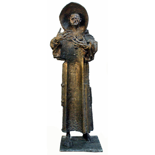 Modern bronze sculpture by Pablo Serrano depicting Spanish missionary Fray Junipero Serra Ferrer. The Spanish government commissioned the monumental work, which was prominently displayed it at its pavilion at the New York World's Fair of 1964-64. Roland Auctions NY image.