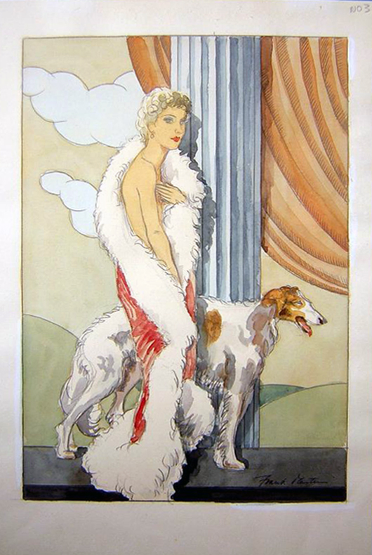 A watercolor by Frank Martin of an exotic Art Deco girl with her borzoi hound. Price: £995. Photo: Candice Horley