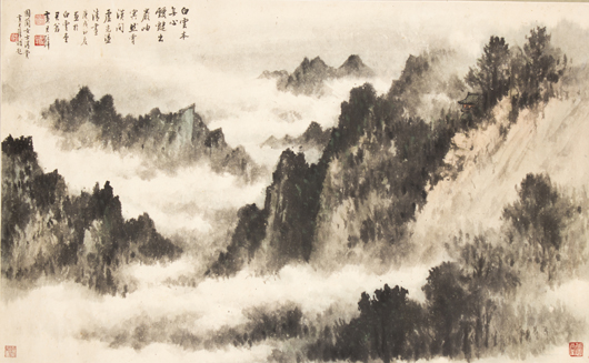 Chinese scroll ink and color on paper painting attributed to Huang Junbi. It measures 52 inches by 25 3/4 inches. Estimate: $30,000-$45,000. Linwoods Auction image. 