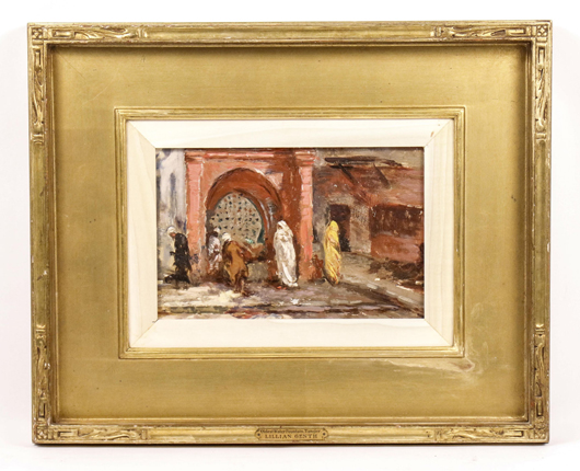 Signed oil on board by Lillian Mathilde Genth (American, 1876-1953), titled ‘Oldest Water Fountain, Tangier.’ Estimate: $2,000-$4,000. Ahlers & Ogletree image.