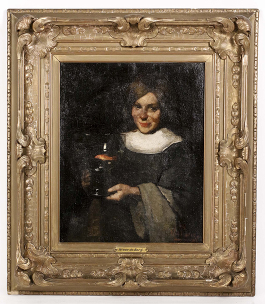 Signed oil on canvas painting by Dutch-American artist Willem Van Den Berg, titled ‘Child with Fishbowl.’ Estimate: $1,500-$3,000. Ahlers & Ogletree image.