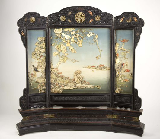 Chinese imperial zitan and ivory table screen, 31 by 29 inches. Lawrence Antique Gallery image.
