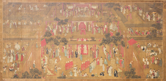 Large Chinese framed painting depicting a large birthday party, signed by Chou Ying, 108 inches by 60 inches. Lawrence Antique Gallery image.