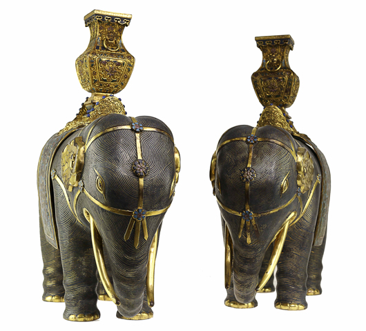 Pair of Chinese cloisonne elephants with vases, 22 inches high. Lawrence Antique Gallery image.