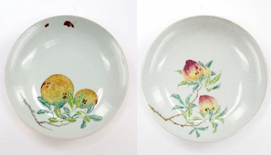 Pair of Chinese imperial porcelain famille rose plates. Lawrence Antique Gallery image.