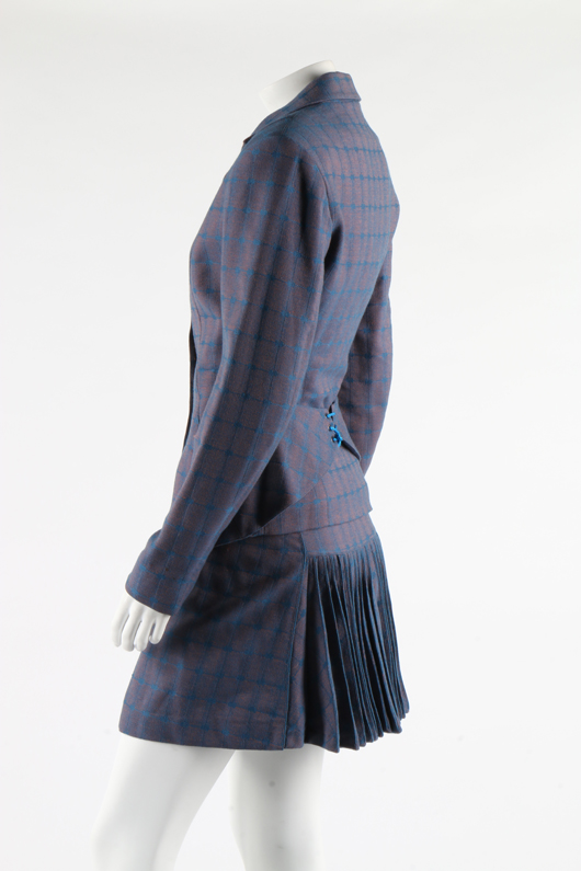 Lot 333, an Azzedine Alaïa woven pink and blue wool suit, circa 1987. Estimate: £200-300. Kerry Taylor Auctions image.