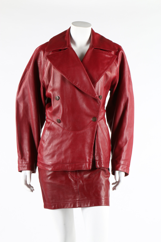 Lot 338, an Azzedine Alaïa burgundy leather suit, 1980s. Estimate: £200-300. Kerry Taylor Auctions image.