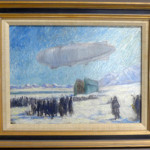 Frank Wilbert Stokes (American, 1858-1955), oil-on-canvas laid to board, Dirigible Norge on its historic 1926 flight over the North Pole, 11 5/8 x 15 5/8 inches (sight). Sterling Associates image