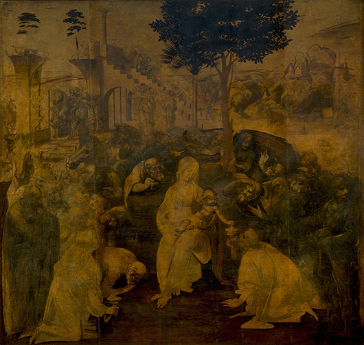 Da Vinci's unfinished 'Adoration of the Magi' prior to restoration. Image courtesy of Wikimedia Commons. 