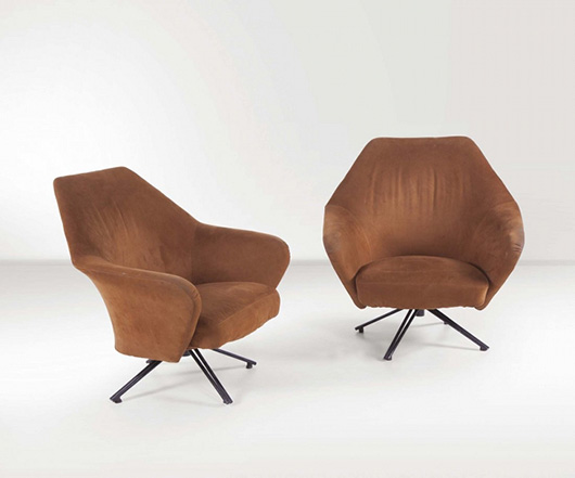 Osvaldo Borsani, pair of swivel armchairs produced by Tecno, 1958. Estimate: €6,000-9.000. Nova Ars image.