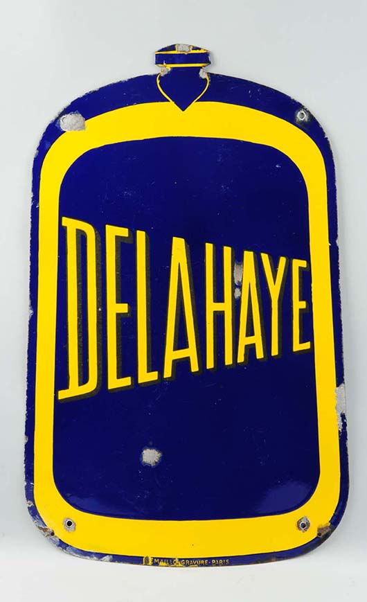 Delahaye (French) porcelain automobile sign in shape of radiator, est. $2,500-$3,500. Morphy Auctions image