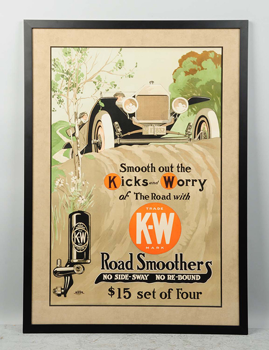 K-W Road Smoothers paper advertising poster with early car graphics, circa 1914-1915, est. $8,000-$12,000. Morphy Auctions image