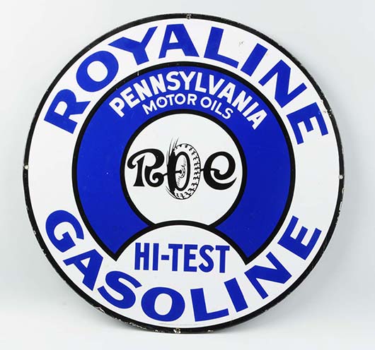 Royaline Hi-Test Gasoline & Pennsylvania Motor Oils double-sided porcelain sign, est. $8,000-$14,000. Morphy Auctions image